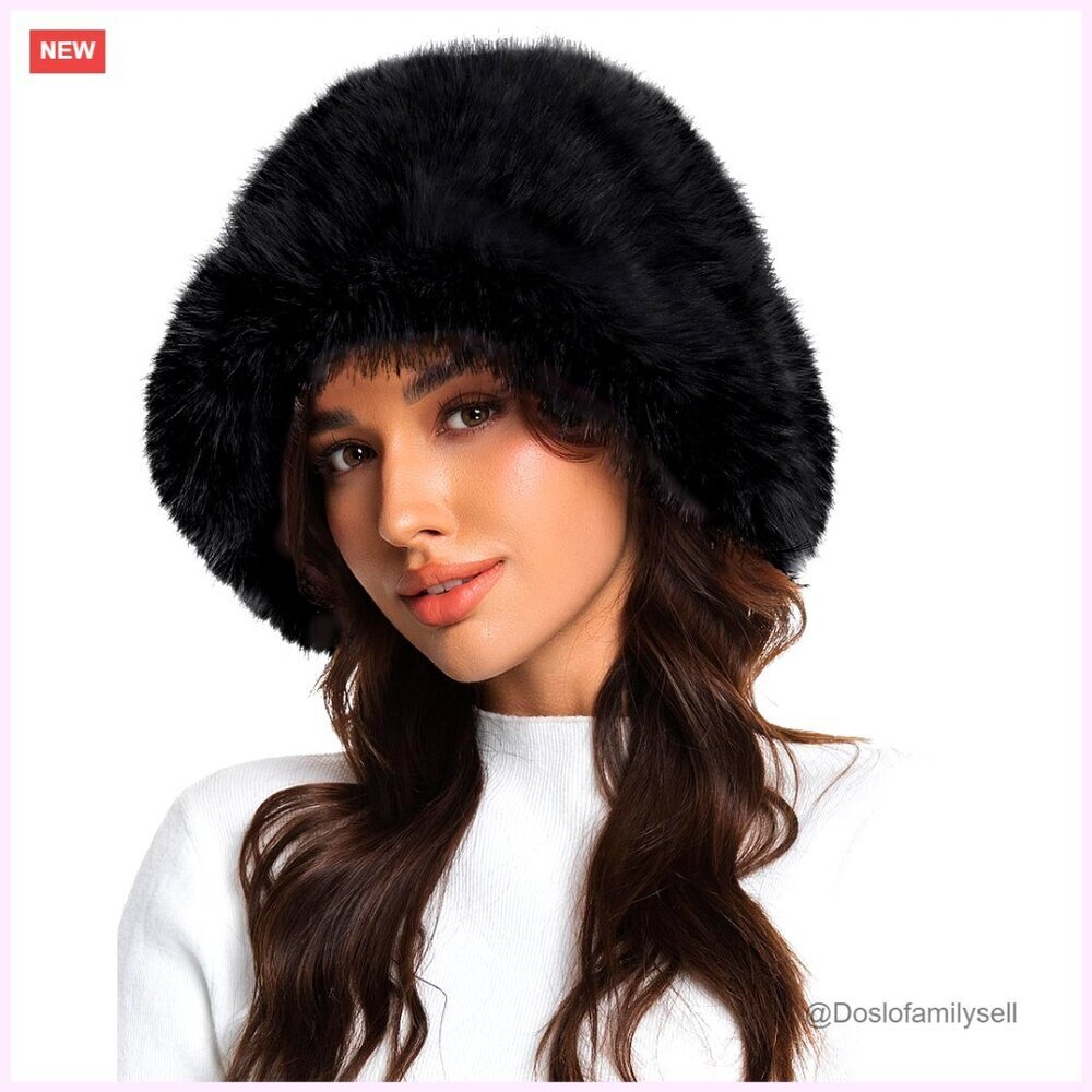 Faux Fur Bucket Hat Adjustable Wide Brim Winter Fashion Hat Women